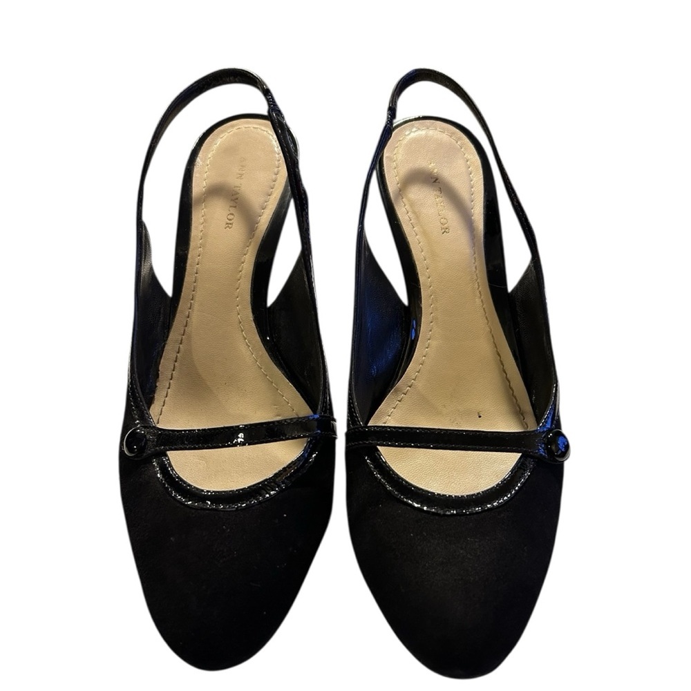 Ann Taylor Mary Jane Slingback Kitten Heels – Black Suede & Patent | Size 9.5
